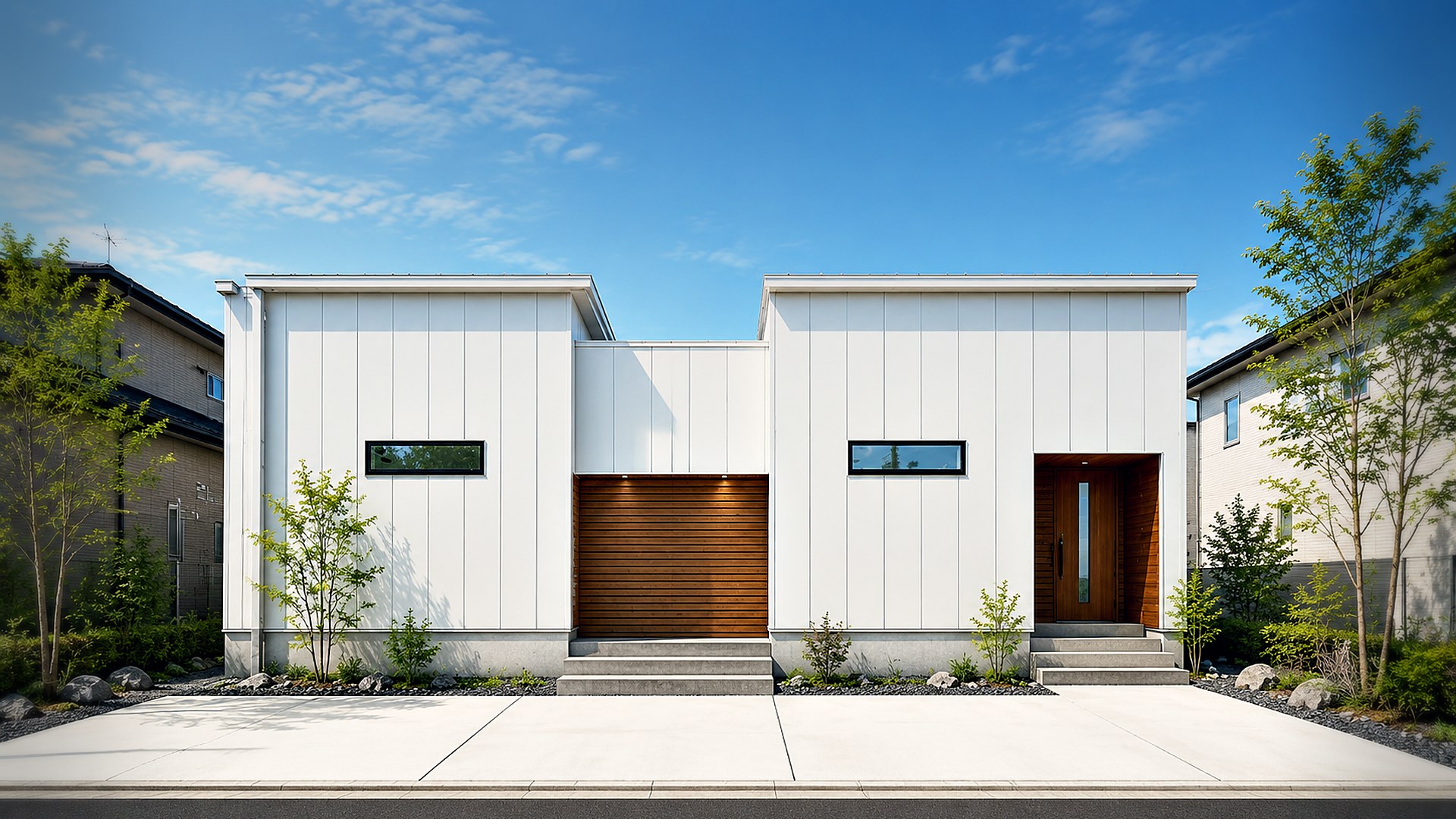 GARDEN 外観 ── 庭までリビングになる平屋の外観（白い外壁・木目スリット）｜秀光ビルド徳島店