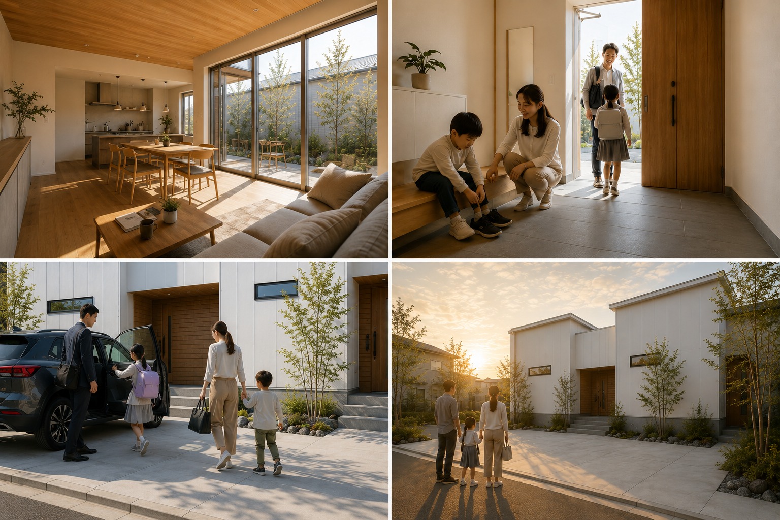 この家で暮らす一日 ── 朝のリビング、玄関での見送り、家族のお出かけ、夕暮れの団らん（GARDEN｜秀光ビルド徳島店）