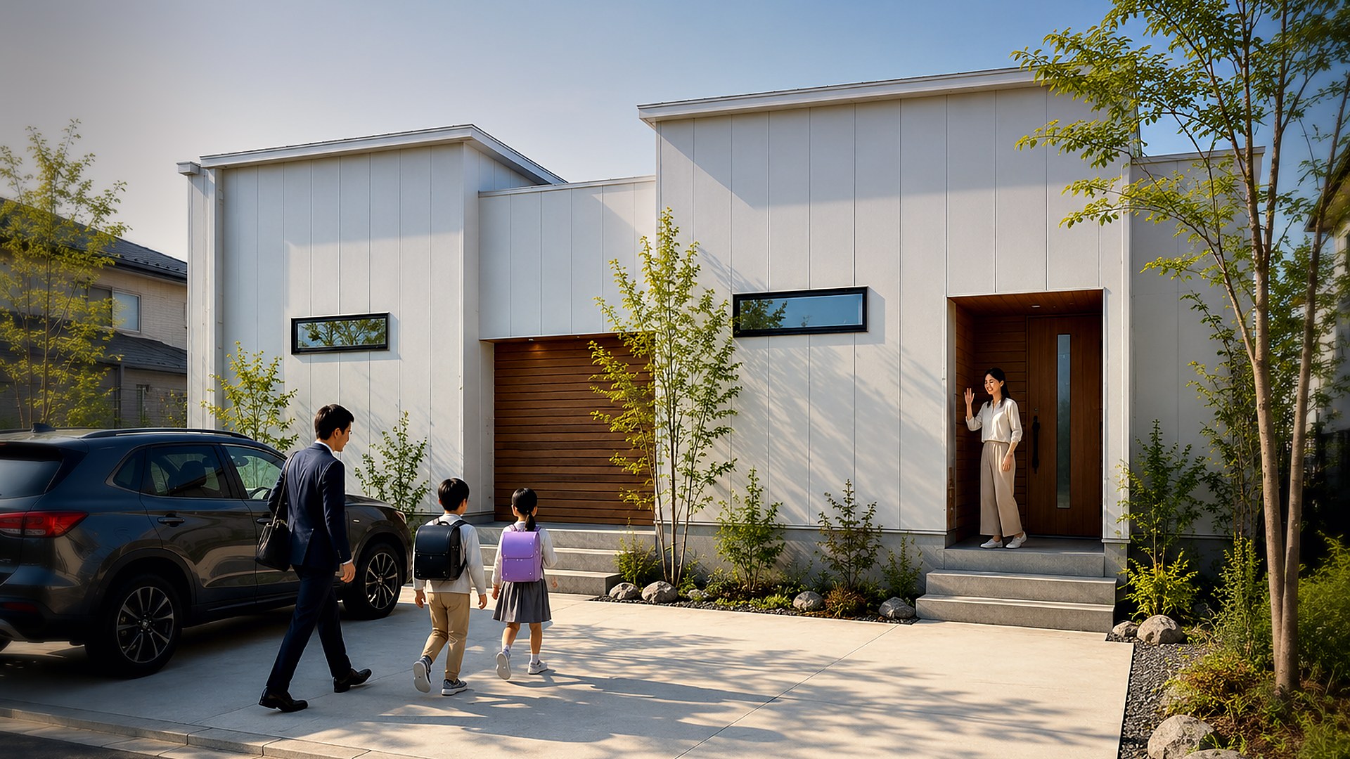 GARDEN 家族の朝 ── この家で暮らす一日の始まり（家族のお出かけ）｜秀光ビルド徳島店